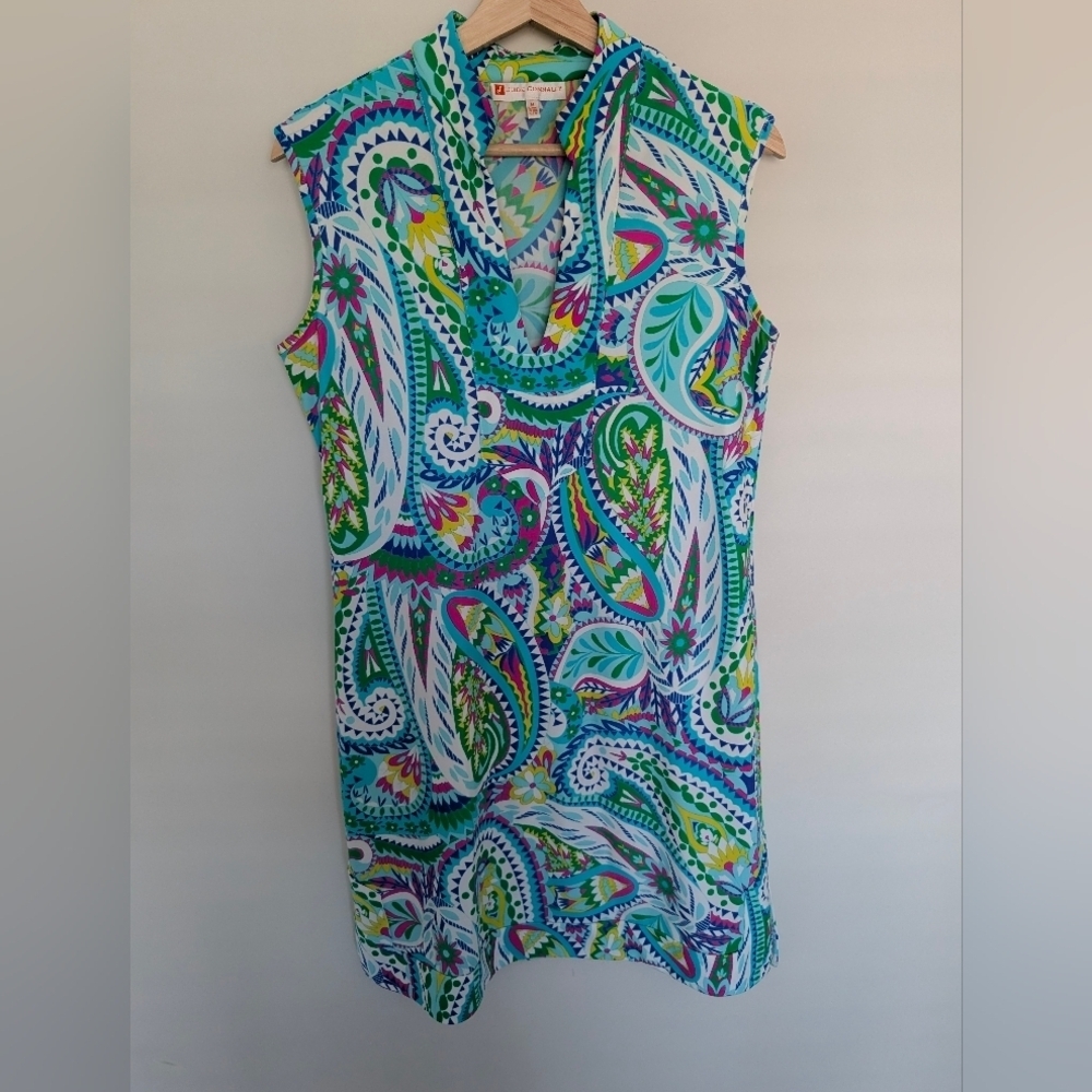 Jude Connally Women's Dress Medium Blue Green Paisley Sleeveless Shift Tropical